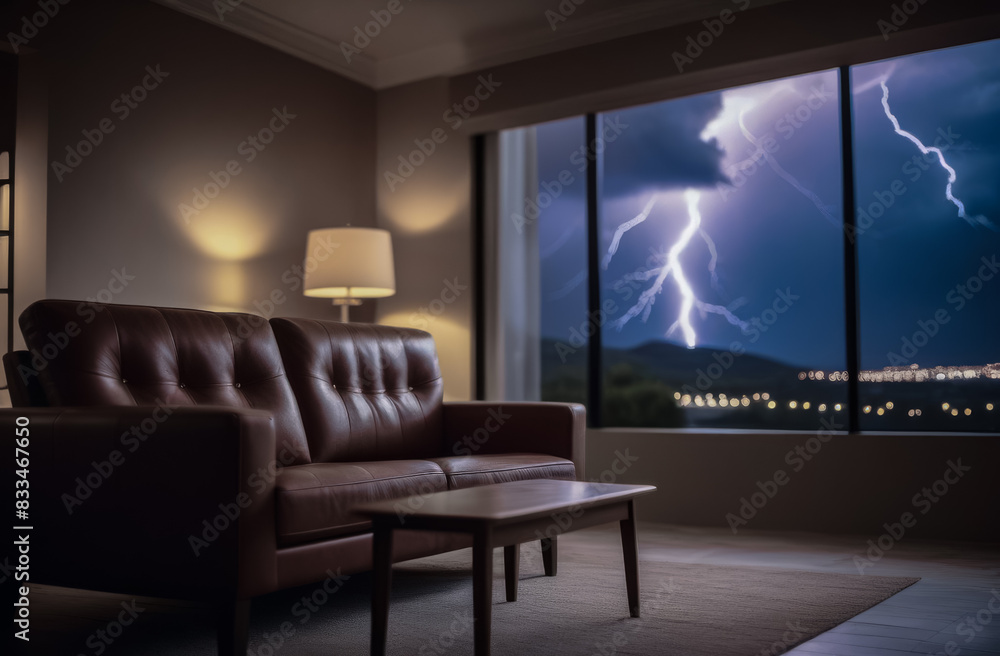 Fototapeta premium lightning on the background of a dark stormy sky. view from inside the room