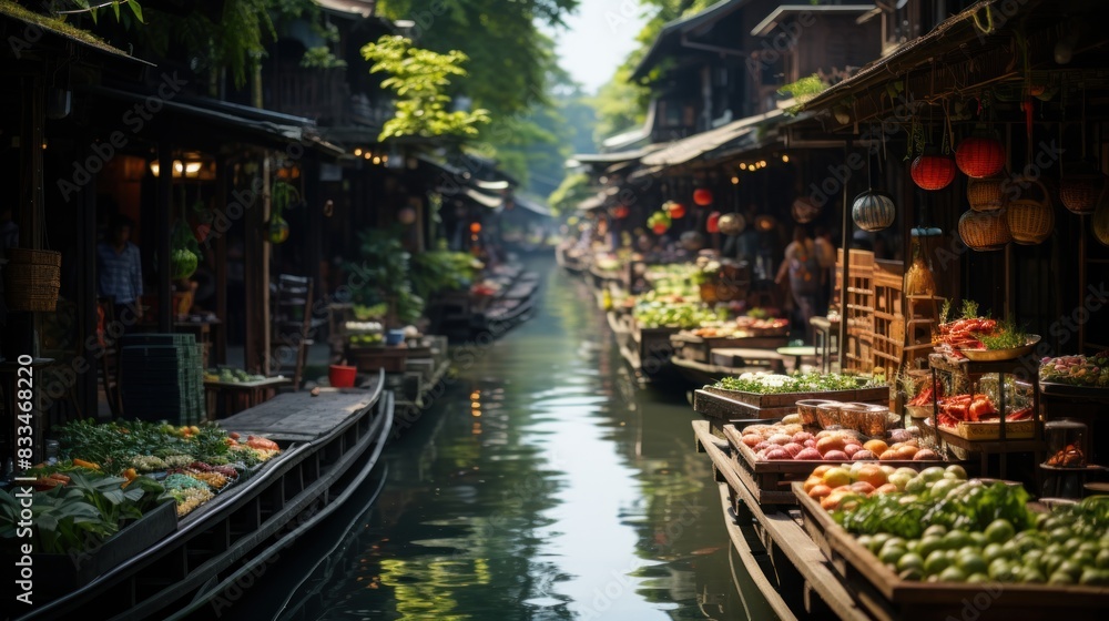 An exotic canal market with colorful lanterns, fresh vegetables and fruits on boats, and vendors in a serene waterway setting