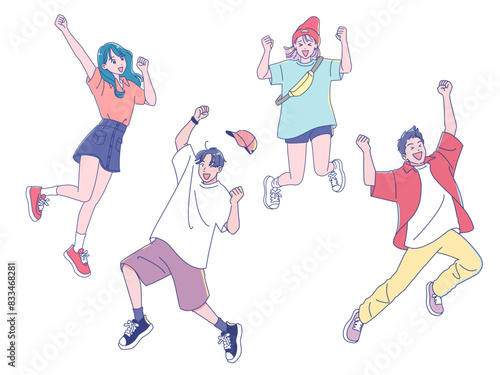元気にジャンプするアニメ調の若い男性と女性