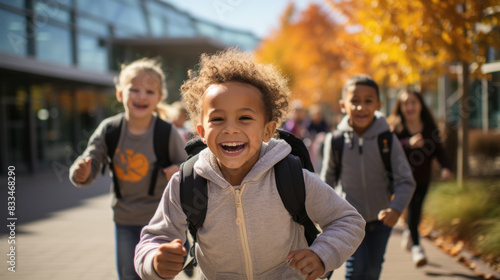 A lively young boy laughs while running outside of a school with friends in the background, indicating fun and freedom