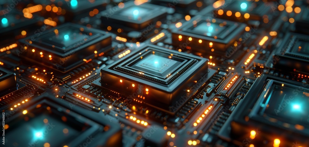 Close-up shot of a trio of high-tech microchips, advanced design, processing data, CG 3D render, with vivid reflections on sleek surfaces and complex circuitry patterns Close-up shot of a trio of high-tech microchips, advanced design, processing data, CG 3D render, with vivid reflections on sleek surfaces and complex circuitry patterns