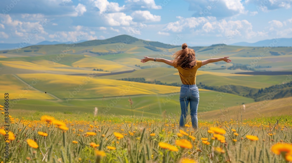 Editorial photography of a girl lifting both arms in happiness, beautiful landscape, color balanced Editorial photography of a girl lifting both arms in happiness, beautiful landscape, color balanced