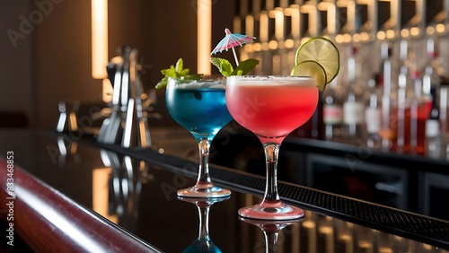 Two fresh alcoholic cocktails on bar counter. Close up of bar details with beverages and drinks