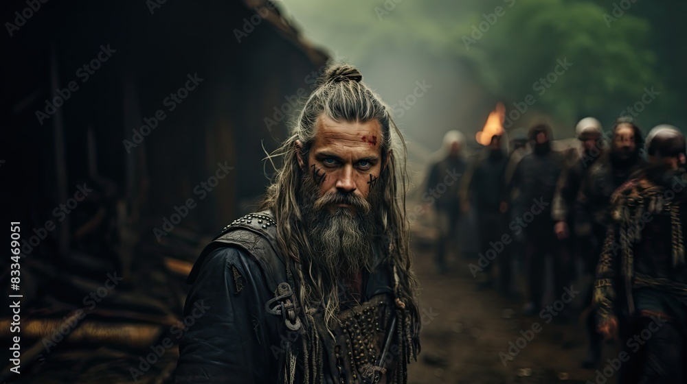 Intense warrior with a fierce expression poses in a historical or fantasy setting with a dramatic backdrop Intense warrior with a fierce expression poses in a historical or fantasy setting with a dramatic backdrop