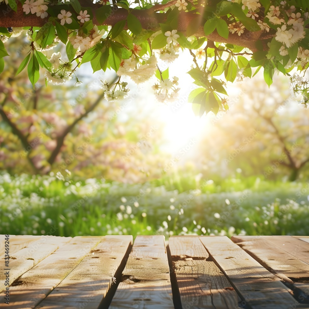Spring beautiful background with green lush young foliage and flowering branches with an empty wooden table on nature outdoors in sunlight in garden Spring beautiful background with green lush young foliage and flowering branches with an empty wooden table on nature outdoors in sunlight in garden