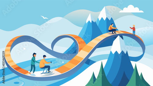In a virtual reality theme park users skate on a winding track through an icy roller coaster complete with hills loops and twists for an. Vector illustration