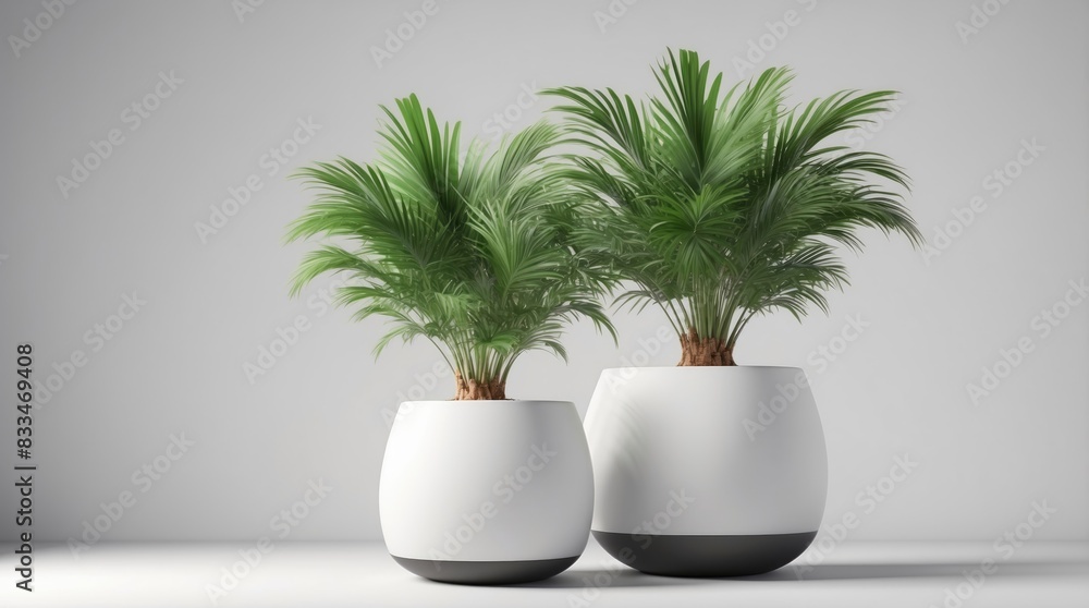 Stylish pot containing small palm trees, great for enhancing any decor with greenery Stylish pot containing small palm trees, great for enhancing any decor with greenery