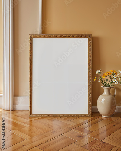 A white canvas in a wooden frame or a poster leaning against the wall, next to a vase with yellow flowers