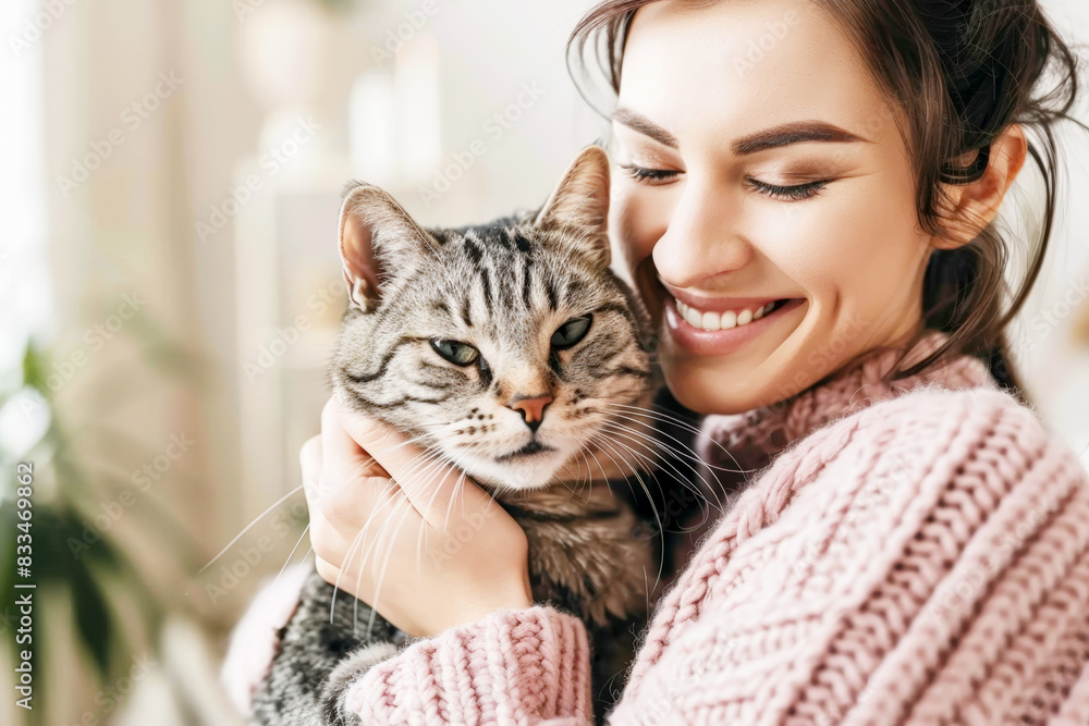 Woman hugging a cat and smiling. Woman hugging a cat and smiling.