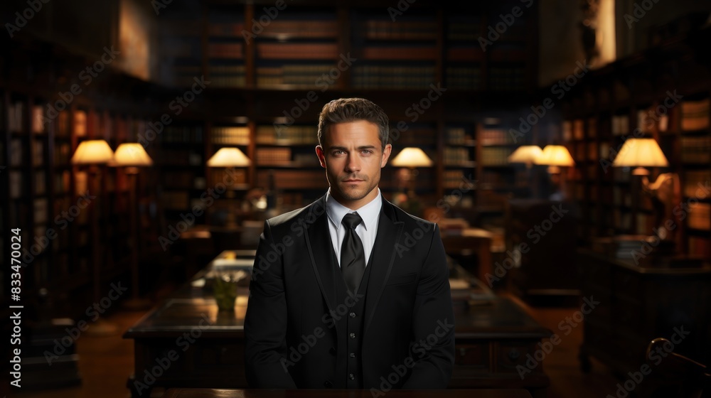 A dapper man in a fitted suit stands confidently in an elegant, book-lined study with warm lighting A dapper man in a fitted suit stands confidently in an elegant, book-lined study with warm lighting