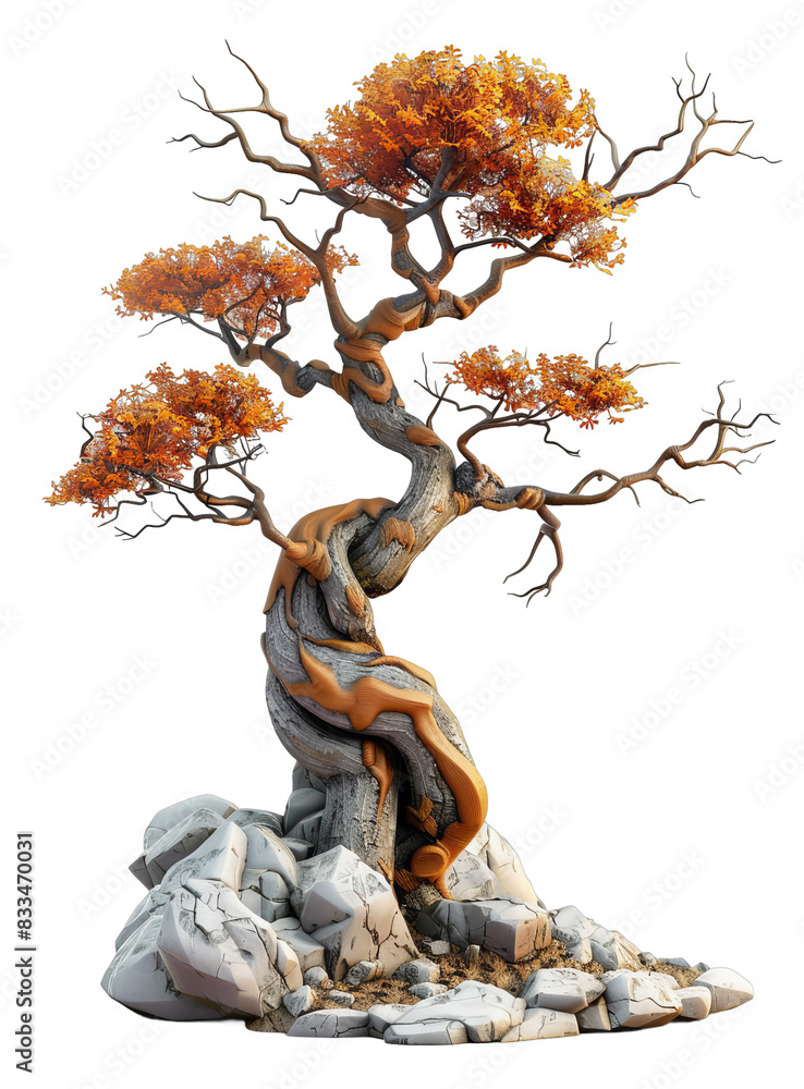 Fototapeta premium [Transparent Background PNG]A 3D rendering of a bonsai tree with orange leaves and a gnarled trunk