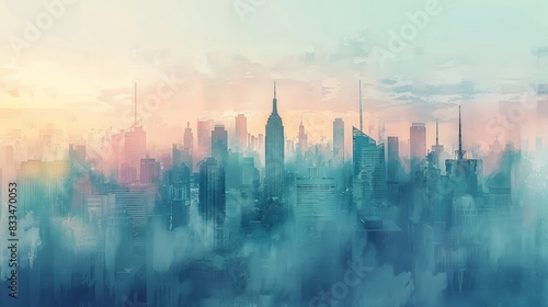Early morning cityscape, long shot with soft watercolor hues, delicate light peeking through buildings, gentle mist settling over the urban landscape, serene and atmospheric photo