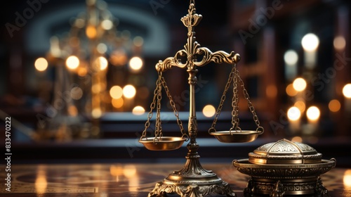 Balanced scales of justice in sharp focus with glowing bokeh background