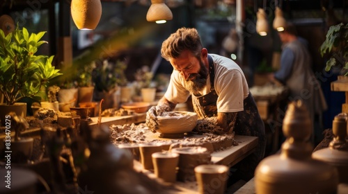 An artisan potter shapes clay on a wheel in a cozy, illuminated workshop photo