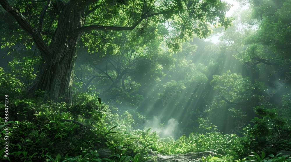 Eye-level angle view, lush verdant forest, intricate details of leaves, photorealistic, balanced lighting, calming green hues, natural beauty Eye-level angle view, lush verdant forest, intricate details of leaves, photorealistic, balanced lighting, calming green hues, natural beauty