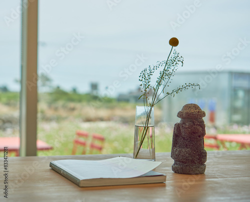A bagel, tea and iced coffee