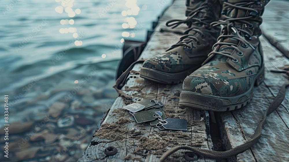 Solitude Bound: Boots Resting on Weathered Dock Solitude Bound: Boots Resting on Weathered Dock