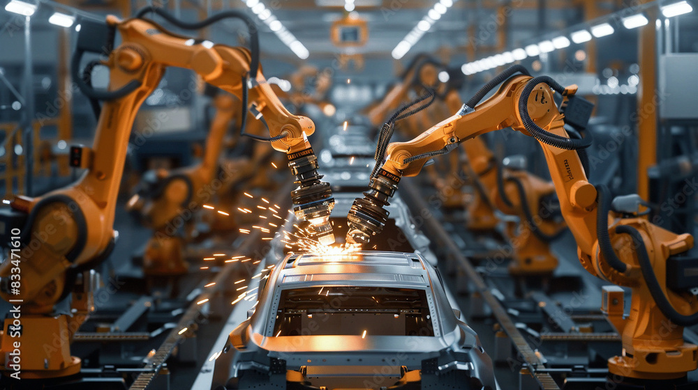 Robotic Arms Welding Parts On Car Body On Automated Production Line In Automobile Factory, Digital Generated Image For Automotive Industry Robotic Arms Welding Parts On Car Body On Automated Production Line In Automobile Factory, Digital Generated Image For Automotive Industry