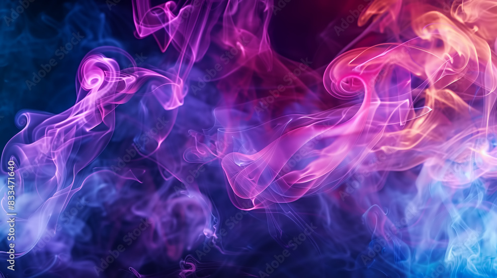 Banner with abstract colorful swirl of vibrant pink, purple, and blue smoke creating a sense of movement and energy against a black background. Copy space, aspect ratio 16:9 Banner with abstract colorful swirl of vibrant pink, purple, and blue smoke creating a sense of movement and energy against a black background. Copy space, aspect ratio 16:9
