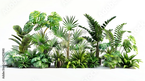 Lush green tropical house plants in a white background. Perfect for botanical  gardening  and interior decor projects.