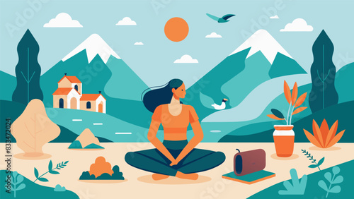 Indulge in a week of relaxation and artistic exploration at our Yoga and Sketching Retreat surrounded by breathtaking natural scenery.. Vector illustration