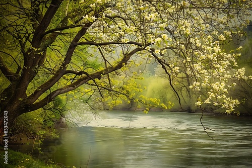 A peaceful riverbank with overhanging trees adorned with fresh leaves and springtime blossoms photo