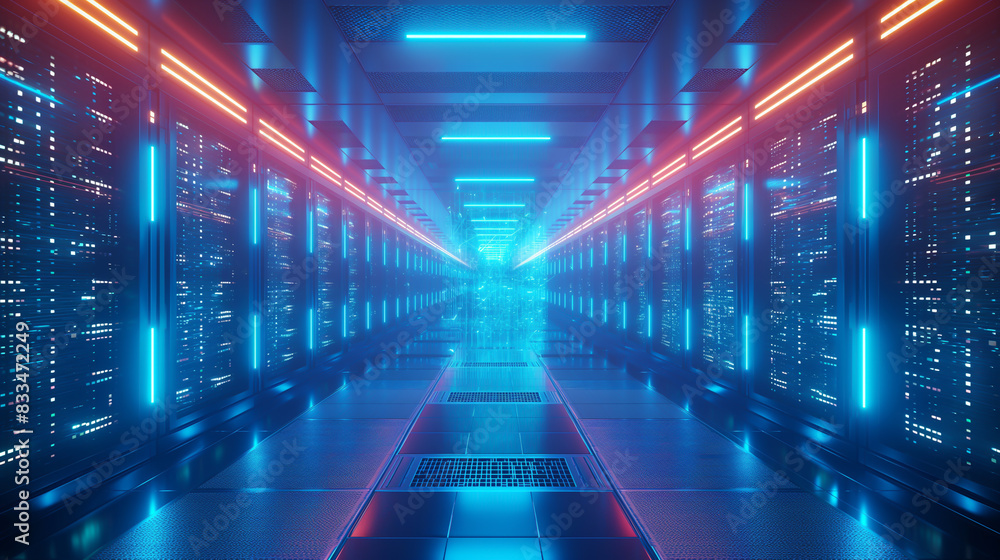 The image is a long, dark hallway with bright lights at the end. The walls are lined with servers, and the floor is covered in cables. The image is a long, dark hallway with bright lights at the end. The walls are lined with servers, and the floor is covered in cables.