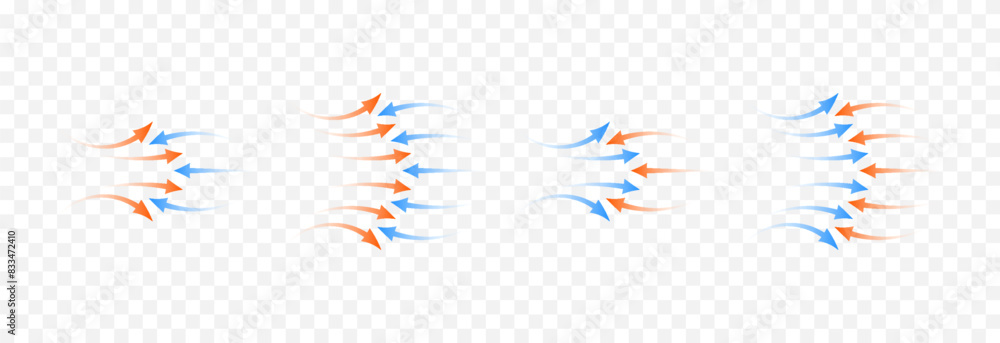 Vector set of arrows png. Heat and cold arrows png. Heat and cold flow. Red and blue arrows on an isolated transparent background.