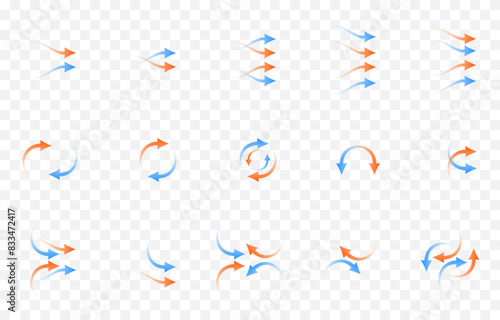 Vector set of arrows png. Heat and cold arrows png. Heat and cold flow. Red and blue arrows on an isolated transparent background.