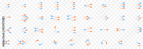 Vector set of arrows png. Heat and cold arrows png. Heat and cold flow. Red and blue arrows on an isolated transparent background.