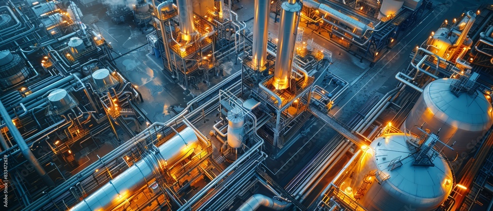 High-angle view of a reflective, advanced processing plant, shimmering machinery, oil painting style, soft light, detailed industrial ambiance High-angle view of a reflective, advanced processing plant, shimmering machinery, oil painting style, soft light, detailed industrial ambiance