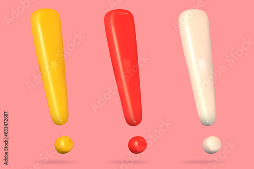 3d white, red, yellow exclamation mark set isolated on color background. Alert or error sign 3d vector render. Exclamation icon mark set