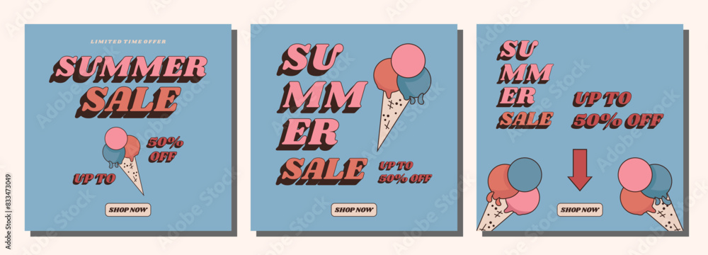 Naklejka premium Summer sale retro banner set. Discount up to 50%. Summer trendy design for advertisement, invitation, flyer, poster, web banner.