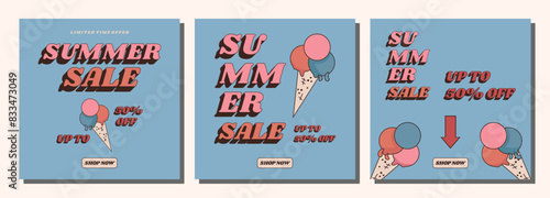 Summer sale retro banner set. Discount up to 50%. Summer trendy design for advertisement, invitation, flyer, poster, web banner.