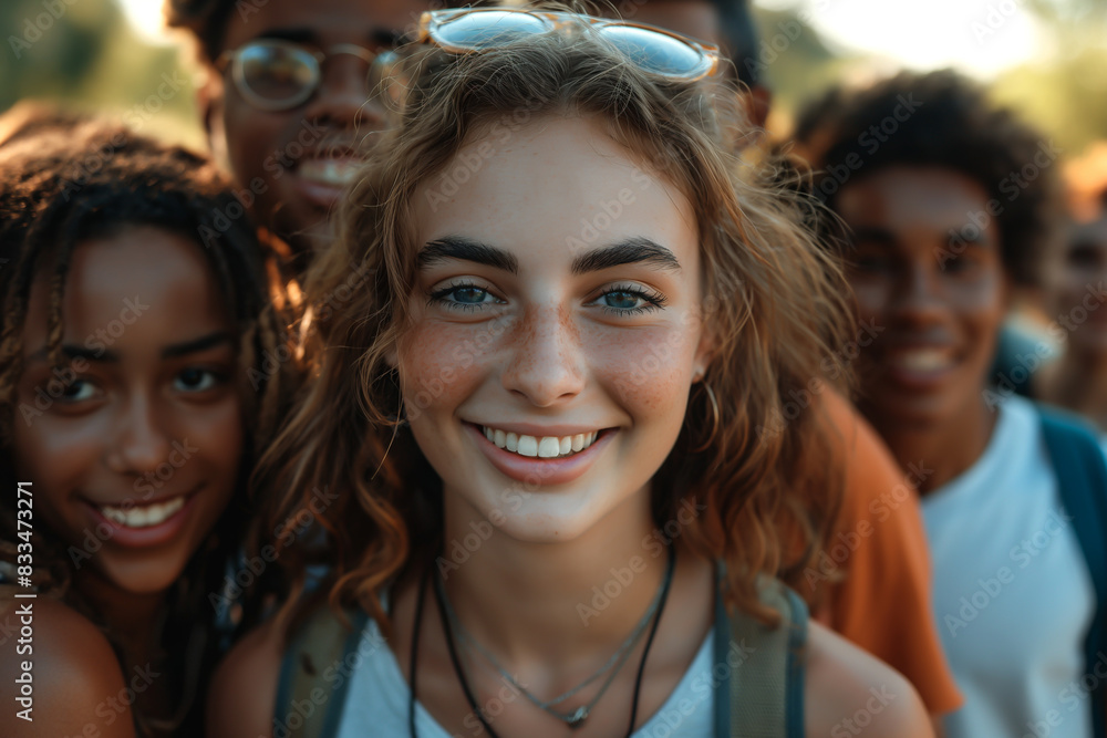 A group of diverse and happy friends on an adventure together, smiling and posing for a photo. A group of diverse and happy friends on an adventure together, smiling and posing for a photo.
