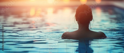 A serene scene of a person swimming in a pool at sunset  enjoying relaxation and tranquility in the water.