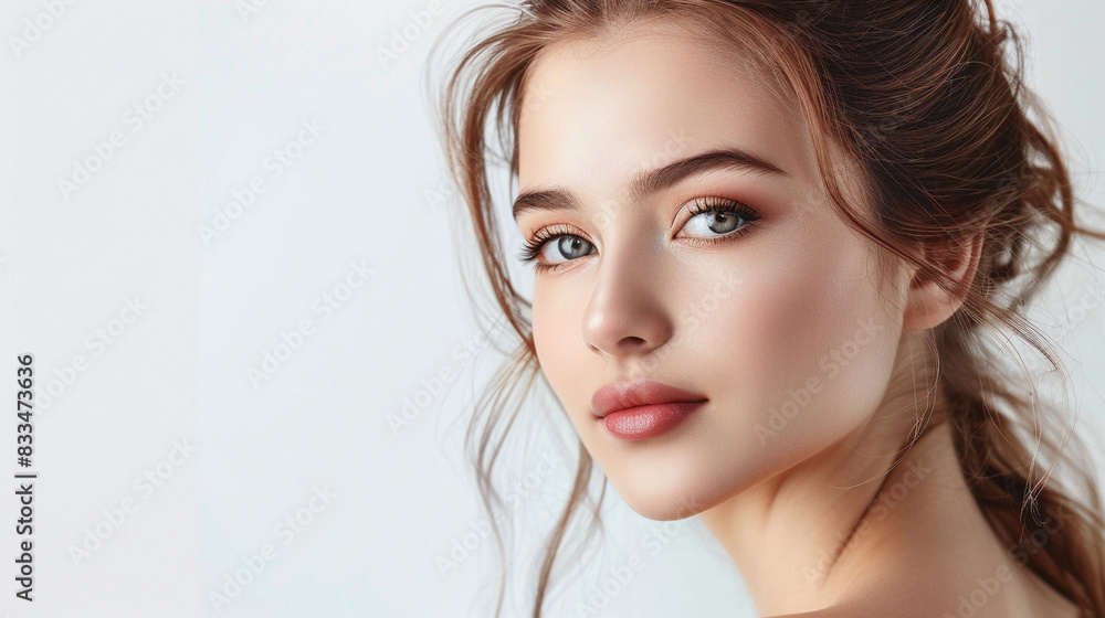 Portrait Of A Young Woman On White Studio Background, Perfect For Skincare, Makeup, And Beauty Product Advertising Portrait Of A Young Woman On White Studio Background, Perfect For Skincare, Makeup, And Beauty Product Advertising