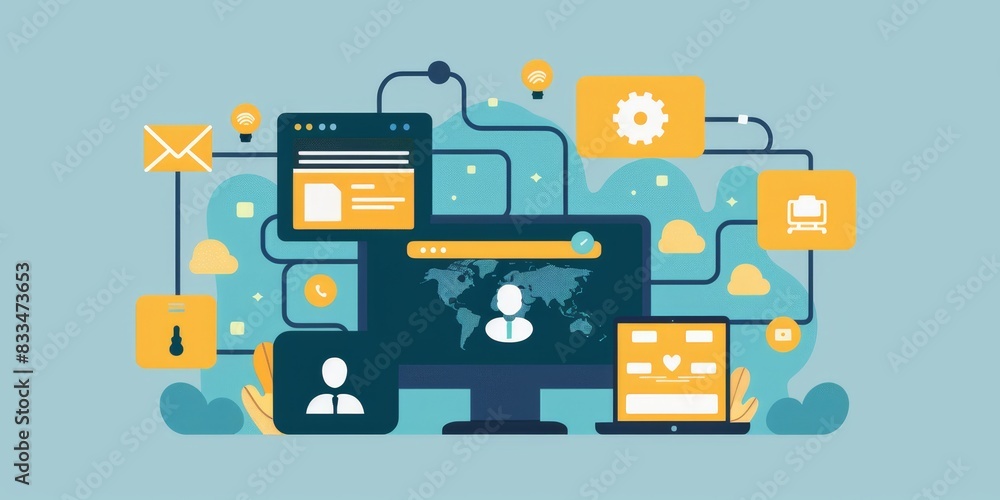 A conceptual illustration of a desktop computer and laptop connected to a network of other devices. A conceptual illustration of a desktop computer and laptop connected to a network of other devices.