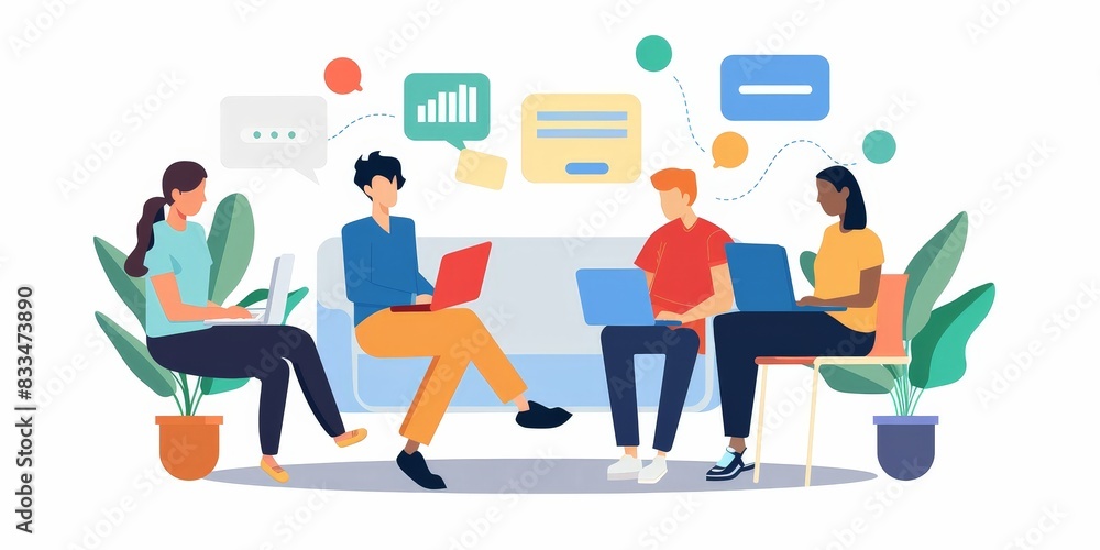 Obraz premium A group of people sitting on chairs and working on their laptops.