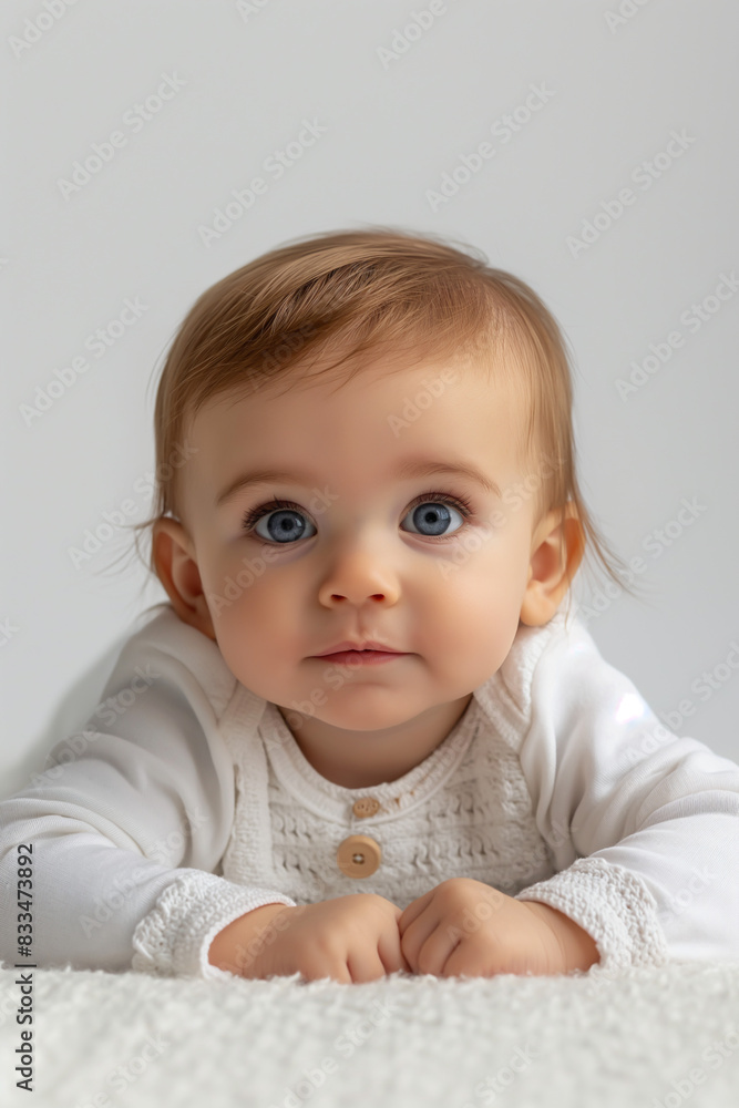 An adorable baby girl with big blue eyes and a cute button nose is lying on her tummy on a soft white blanket An adorable baby girl with big blue eyes and a cute button nose is lying on her tummy on a soft white blanket