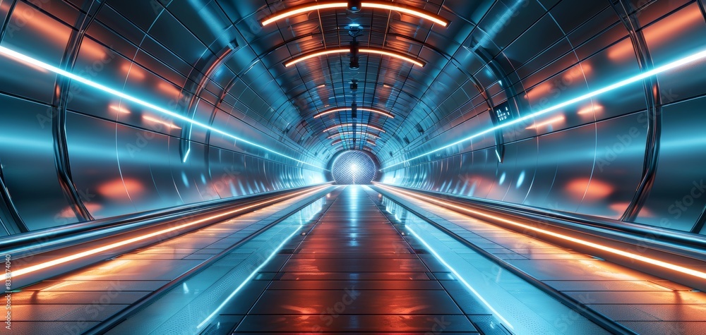 low-angle view of a futuristic tunnel, sleek metallic surfaces, holographic displays, neon-blue lighting, photorealistic digital rendering low-angle view of a futuristic tunnel, sleek metallic surfaces, holographic displays, neon-blue lighting, photorealistic digital rendering