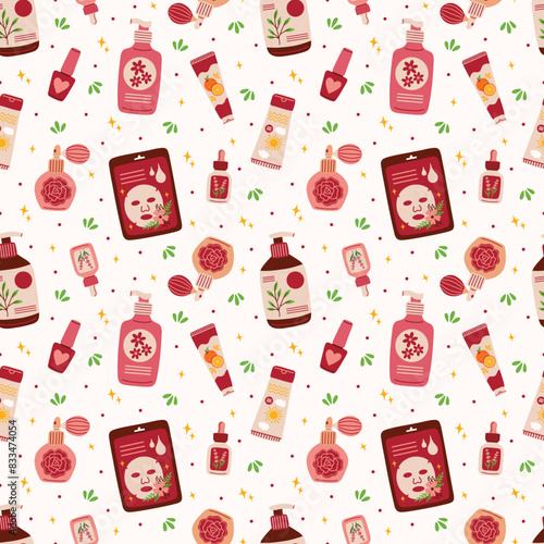 Skincare Products and Cosmetics on White Seamless Pattern Design