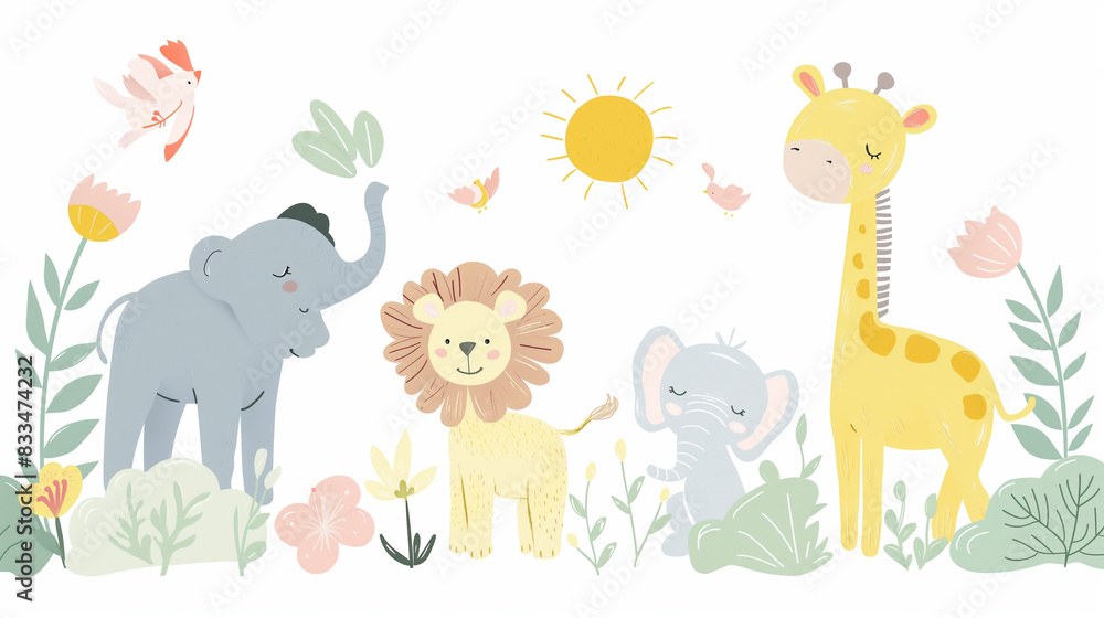 Cute cartoon animals and flowers. Vector illustration for nursery, kids room, baby shower, greeting card, apparel, textile, wallpaper Cute cartoon animals and flowers. Vector illustration for nursery, kids room, baby shower, greeting card, apparel, textile, wallpaper