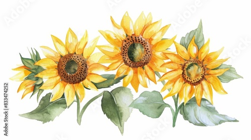 Beautiful watercolor illustration of yellow sunflowers  highlighting the delicate and vibrant nature of the flowers. Great for botanical and nature-themed artwork