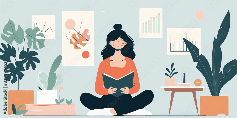 Fototapeta premium A young woman is sitting on the floor in a comfortable position, reading a book