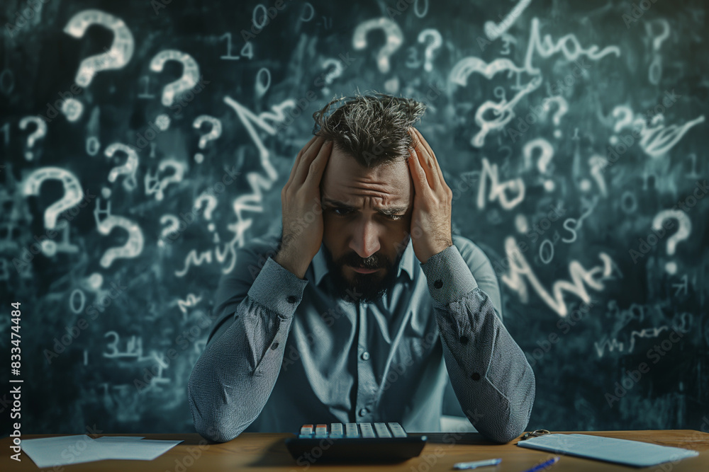 © VRAYVENUS - Frustrated man holding his head in his hands while sitting at a desk with a blackboard full of math symbols behind him.