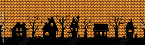 Halloween Seamless Border. Spooky village. Halloween Houses. Black Silhouettes of houses, trees on classic Orange Halloween background. Halloween border on knitted background. Vector illustration