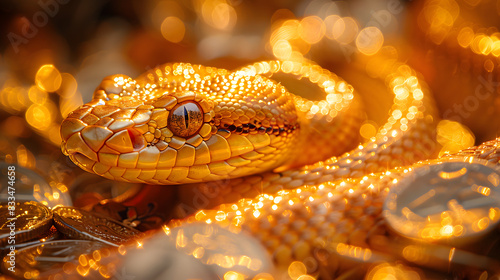 A vibrant golden snake intricately coiled on a bed of glittering coins, symbolizing wealth and prosperity, symbol new year 2025