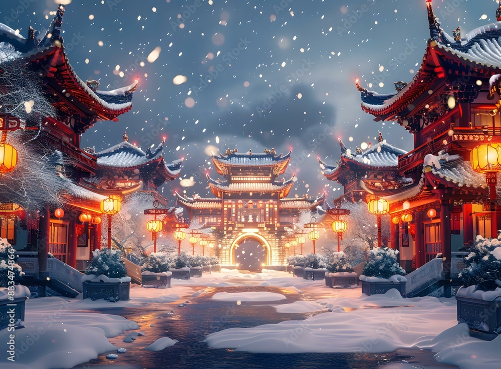 Fototapeta premium Ancient Chinese architecture in the snow
