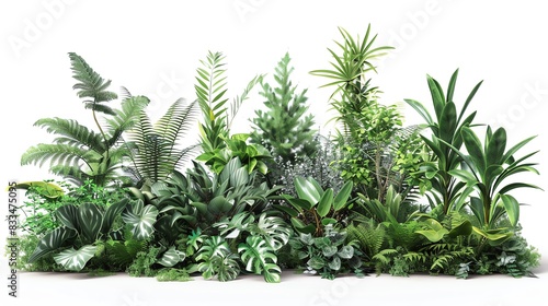 A lush collection of various green plants and foliage on a white background  showcasing diverse leaf shapes and textures.